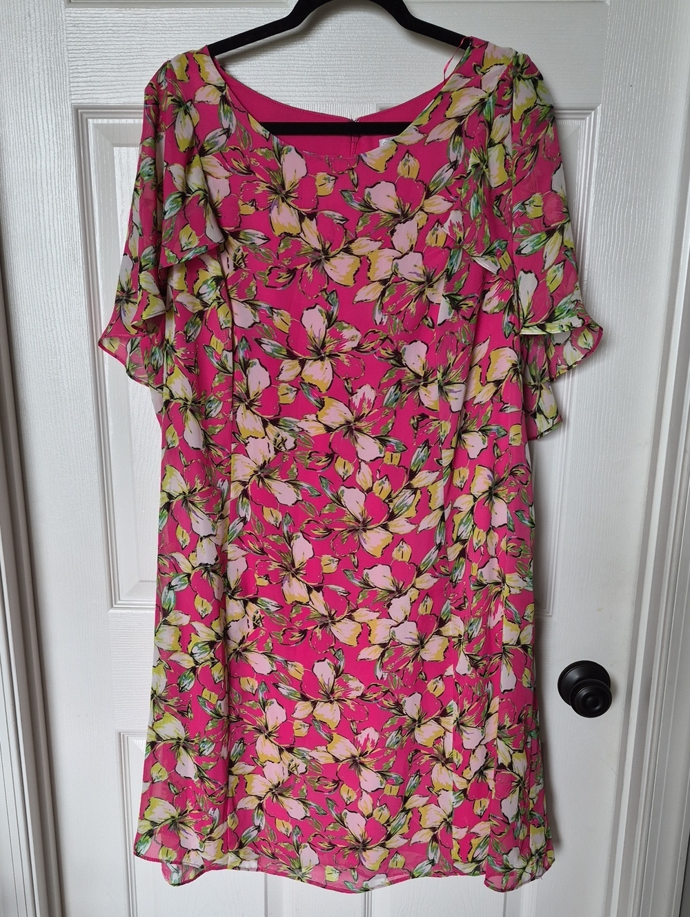 Robbie Bee Hot Pink Floral Sundress With Sheer Bell Sleeves.